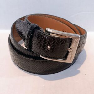 Bobby Jones Embossed Leather Belt-Size 38-Black-Herringbone-Brass Buckle